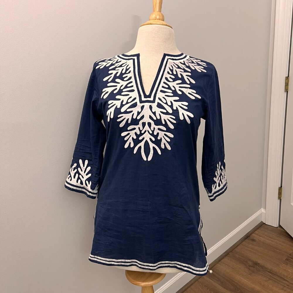 Gretchen Scott Cotton Embroidered Tunic - The Reef Navy Sz XS